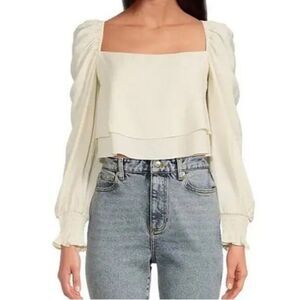 GIANNI BINI Ivory Puffed Sleeve‎ Cropped Peasant Blouse Top Square Neck Medium